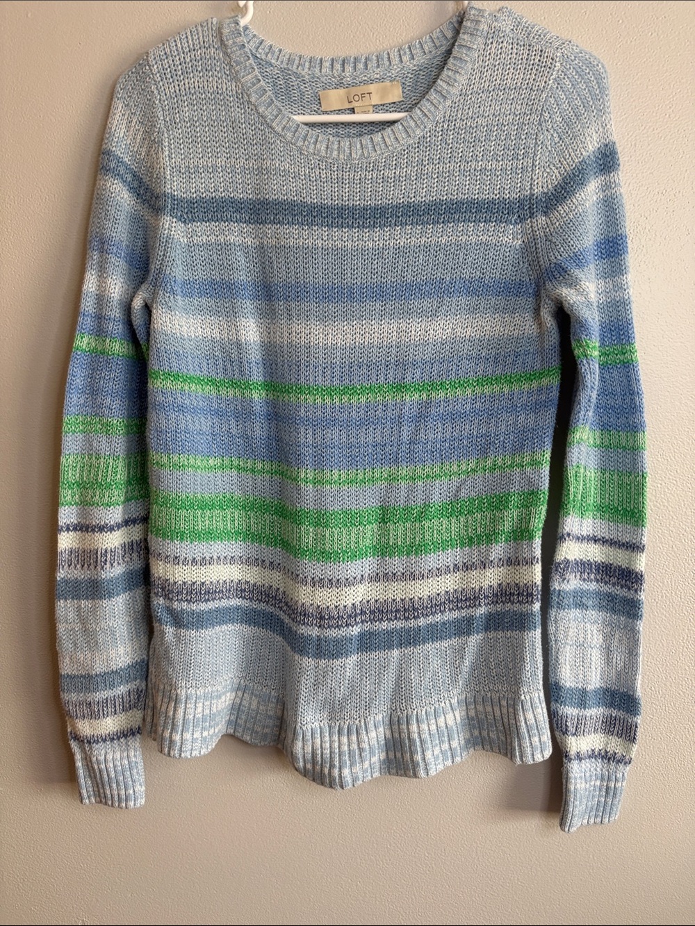 LOFT Women’s Light Blue, Green & Navy Striped Crewneck Sweater